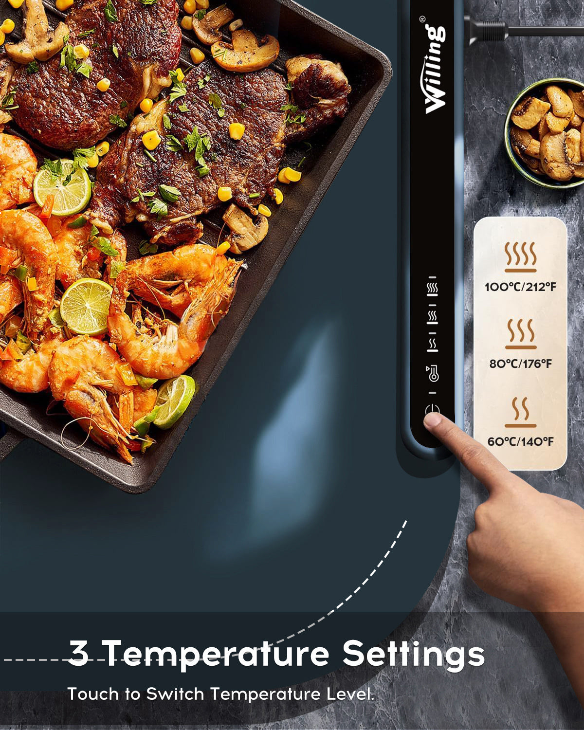 Willing 250W Speisenwärmer – Perfekte Temperatur für jede Mahlzeit ✅ 3-stufige Wärmematte für Edelstahl, Keramik & mehr – ✅Gleichmäßige Erwärmung, ✅Energiesparend und Flexibel – Navy Blau